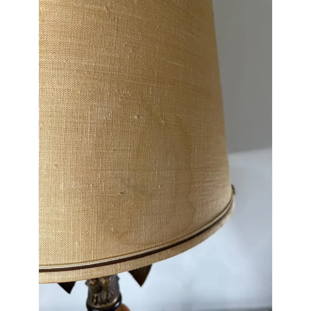 Vintage Wood Brass Table Lamp Eagle Finial Federal Style Americana Burlap Shade
